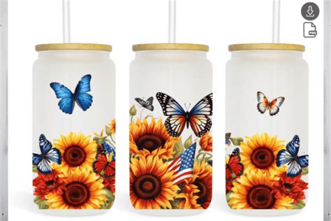 Sunflowers Butterflies Oz Glass Can Graphic By Sasikharn Creative