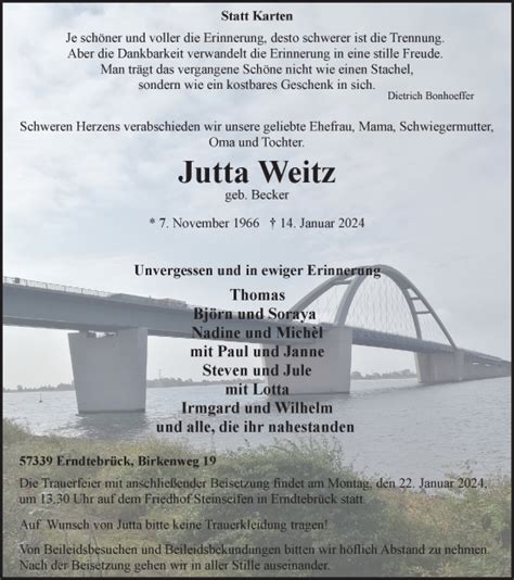 Traueranzeigen Von Jutta Weitz Trauer In NRW De