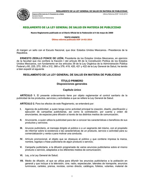 Reglamento De La Ley General De Salud En Materia De