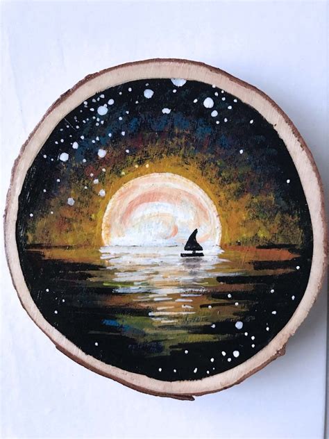 Moon Sailboat Wood Slice Art Wood Slice Art Moon Phase Ornament