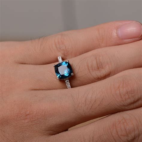 London Blue Topaz Ring Sterling Silver Ring Cushion Cut Etsy