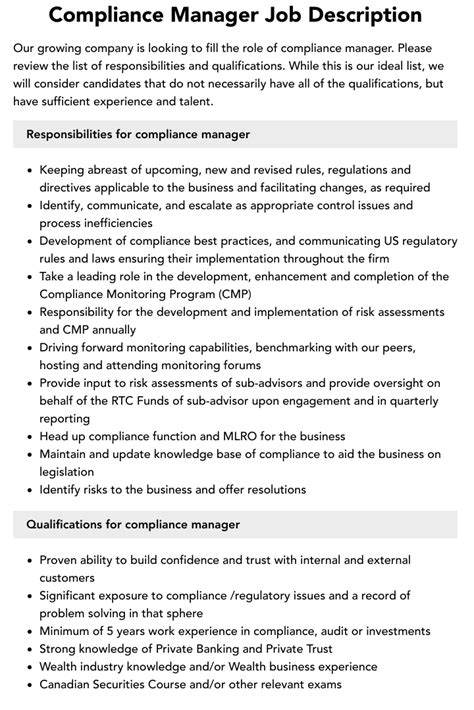 Compliance Manager Job Description Velvet Jobs