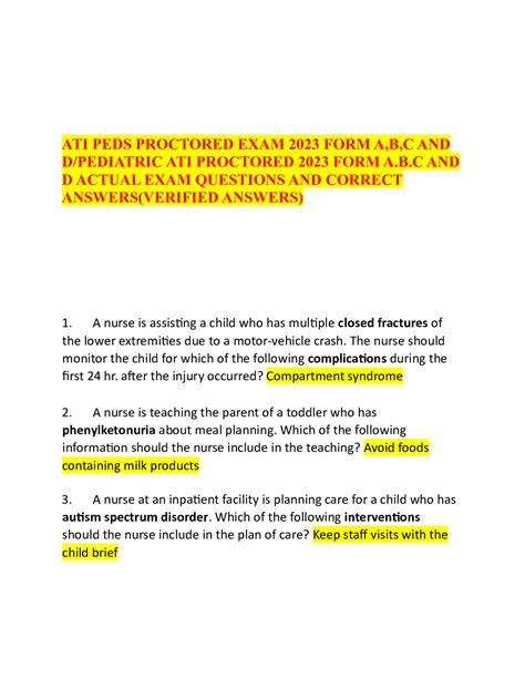 ATI PEDS PROCTORED EXAM 2023 FORM A B C AND D PEDIATRIC ATI PROCTORED