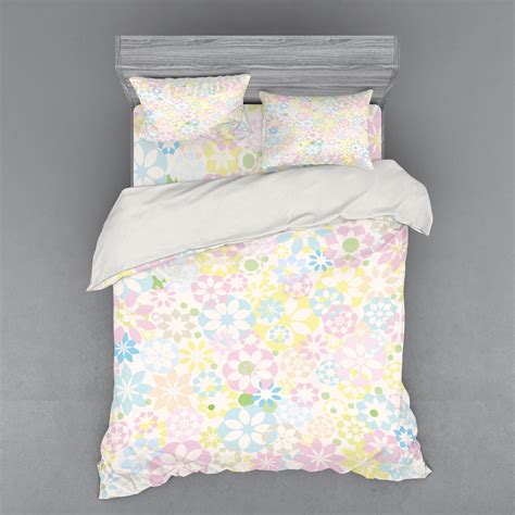 Pastel Duvet Cover Set Blossoming Flowers Bedding Plants Spring Colors