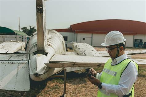 Aircraft mechanic examining airplane wing 21967964 Stock Photo at Vecteezy