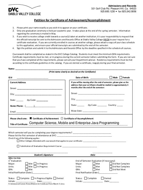 Fillable Online Petition For Certificate Of Achievement Accomplishment