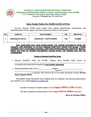 Fillable Online Open Tender Notice No Nabi N Pur Events