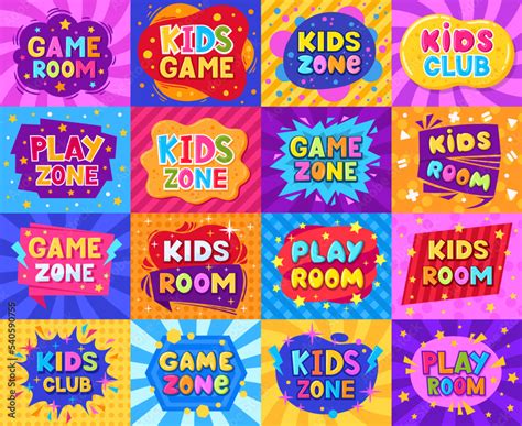 Kids Zone Cartoon Labels Colorful Play Zone Elements Children