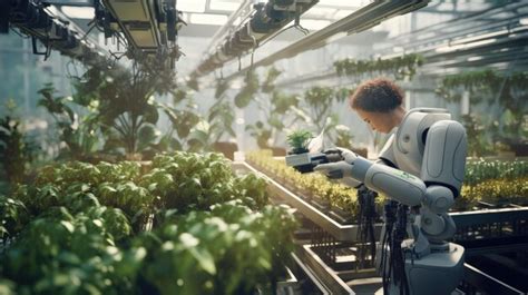 Premium Photo Robot Standing In Front Of Row Of Lettuce