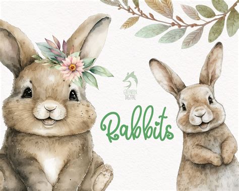 Bunny Rabbit Watercolor Clipart Cute Baby Shower Graphics Nursery