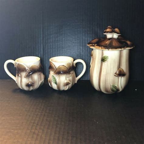 Vintage Mushroom Ceramic Canister And Small Mugs 3 Piece Set Ebay