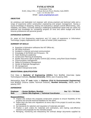 Pankaj Resume Construction Project Manager Pdf