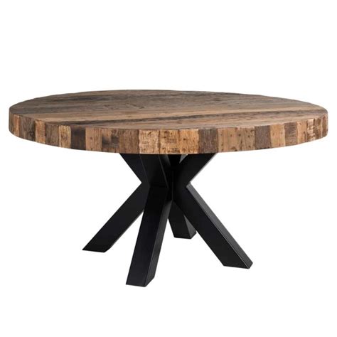 Table Ronde Industrielle Pied Acier Noir Plateau Epais Bois Brut