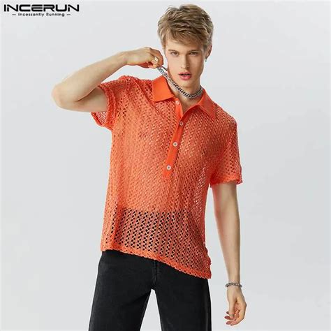 Incerun Camisetas De Malla Transparente Para Hombre Blusa Informal De