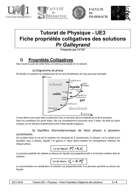 Propri T S Colligatives Tutorat De Physique Ue Fiche Propri T S