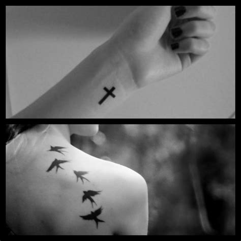 Wrist Cross And Shoulder Bird Tattoos Designs