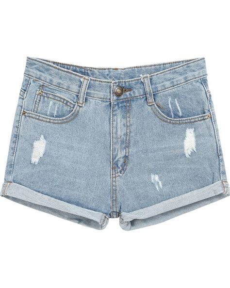 Light Blue Ripped Flange Denim Shorts Shein Sheinside