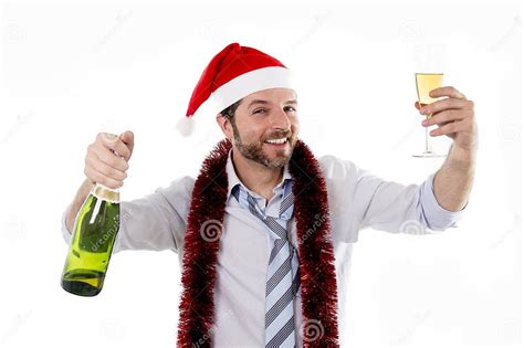 Drunk Businessman Drinking Champagne Wearing Santa Hat Isolated White