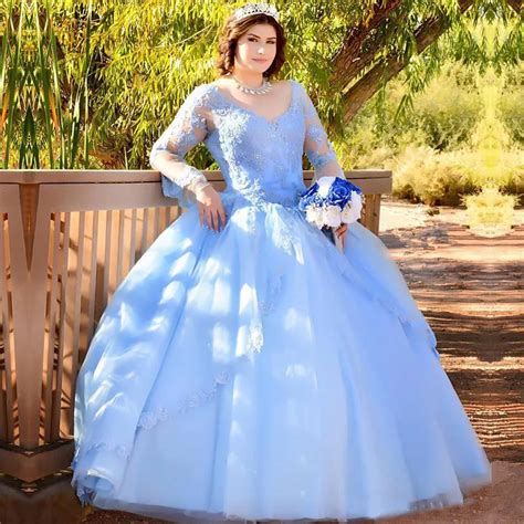 Bleu Ciel Clair Dentelle Robe De Bal Quinceanera Robes Col En V Perlé