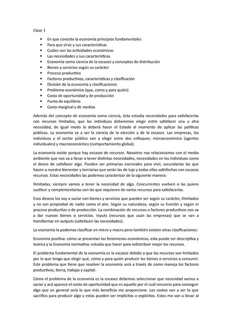 Economia Primer Parcial Clase 1 En que consiste la economía