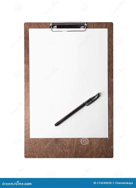 Wooden Clipboard With Sheet Of Paper And Pen Isolated On White Top