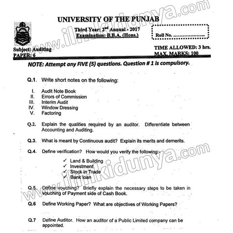 Past Paper Bba Rd Year Punjab University Auditing Objective