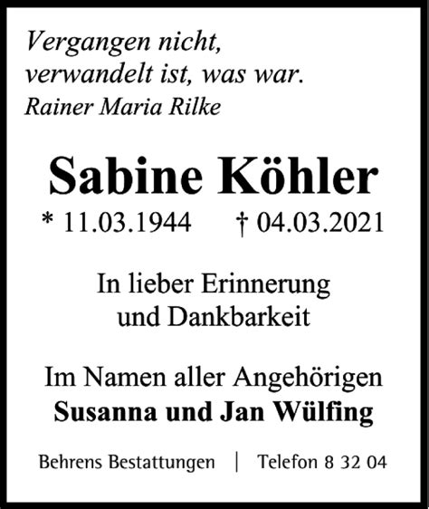 Traueranzeigen von Sabine Köhler trauer38 de