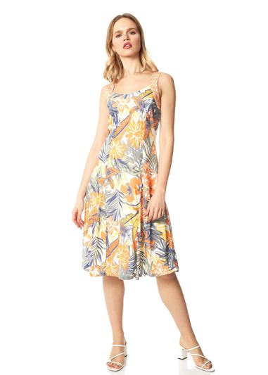 Roman Orange Tropical Print Fit And Flare Skater Dress Matalan