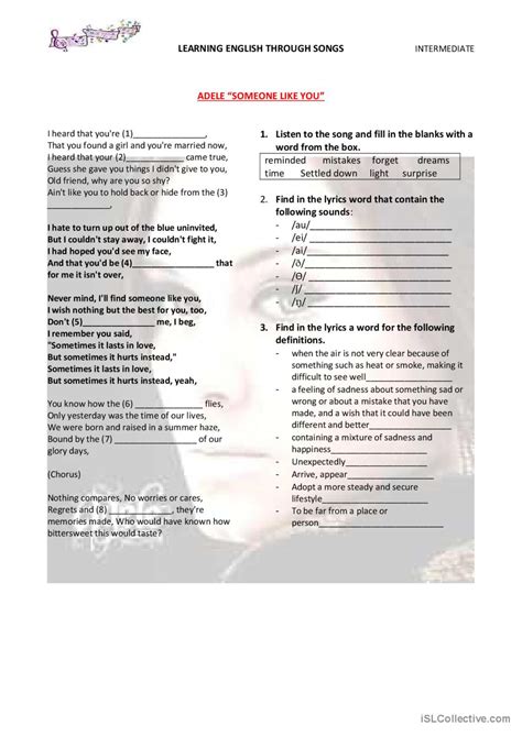 Adeles Someone Like You Worksheet S English Esl Worksheets Pdf And Doc