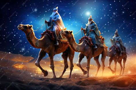 Os Reis Magos E Os Presentes - Os três reis magos carregam presentes pelo deserto guiados pelas ...