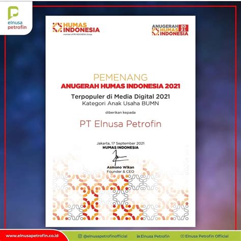 Elnusa Petrofin Raih Penghargaan Anak Usaha BUMN Terpopuler Di Anugerah