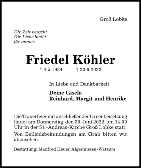 Traueranzeigen von Friedel Köhler Trauerportal Hildesheimer