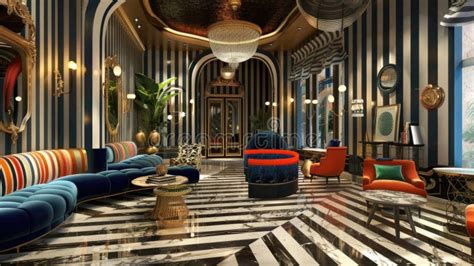 Opulent Art Deco Hotel Lobby with Elegant Furnishings and Bold Patterns ...