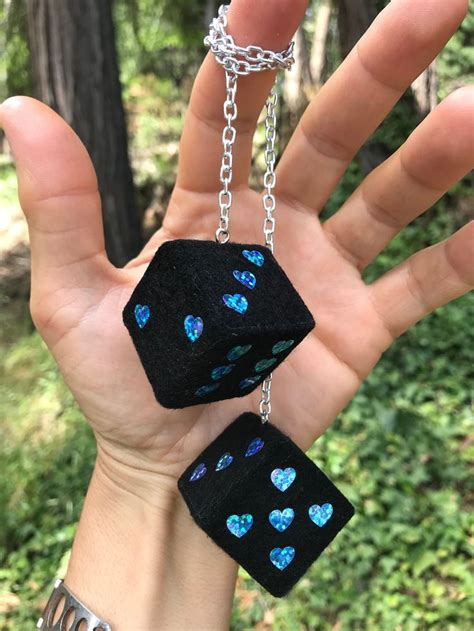 Black Fuzzy Dice With Blue Sparkle Hearts And Chain Or Cord Car