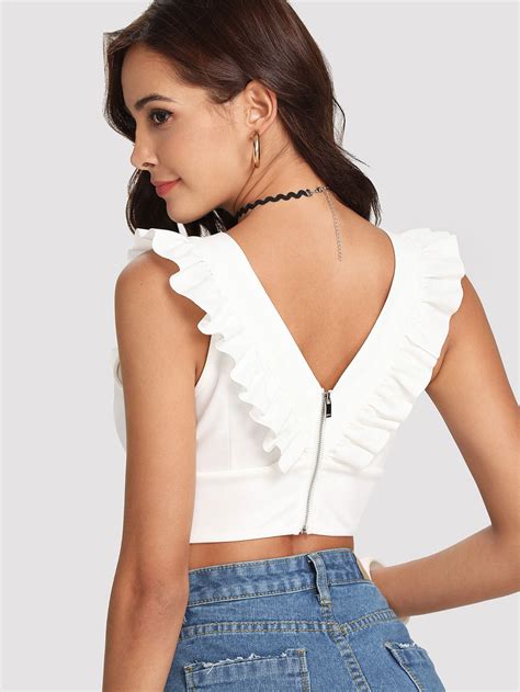 Shein Double V Neck Ruffle Trim Crop Top Fashion Outfits Fashion Crop Tops