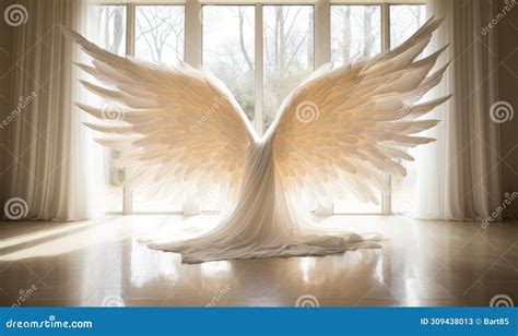 Majestic White Angel Wings Spread Wide In A Luminous Room With Sheer