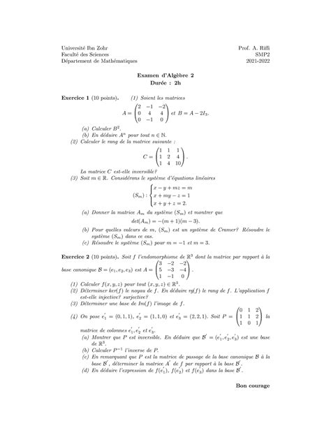 Ex Alg Bre Examens Algebre Universit E Ibn Zohr Prof A Riffi