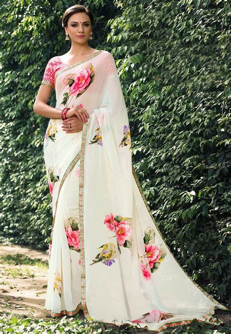 Printed Georgette Saree In Cream Buy Floral Dress Designer Saree