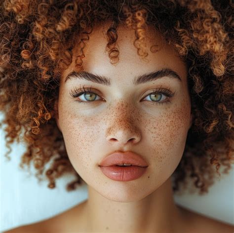 A Woman With Freckles On Her Face Is Posing For A Photo Premium AI