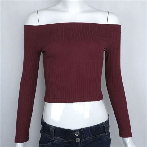 Off Shoulder Pure Color Long Sleeves Slim Crop Top On Luulla