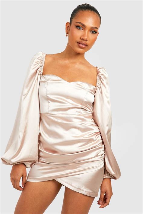 Satin Blouson Sleeve Wrap Dress Boohoo Uk