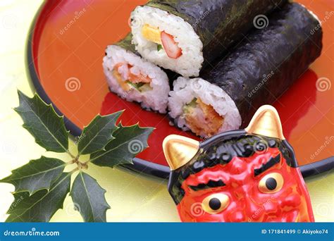 Japanese Setsubun Event, Masks of Demon and Sushi Stock Image - Image ...