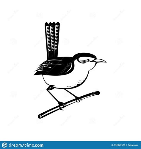 Wren Brown Passerine Bird Perching On Branch Retro Black And White