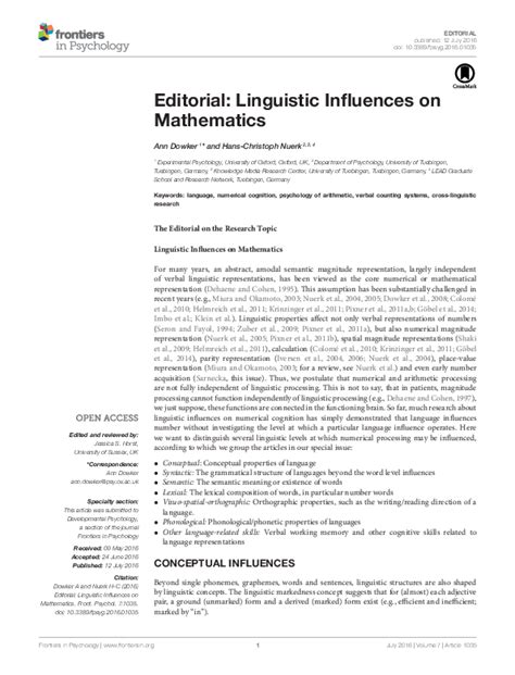 Pdf Editorial Linguistic Influences On Mathematics Ann Dowker