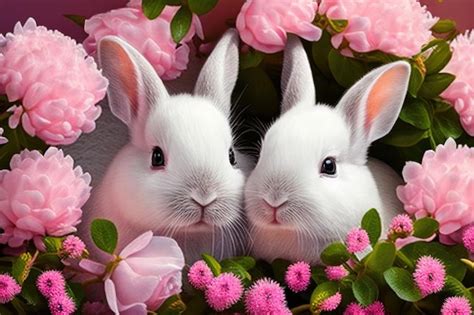 Premium Photo Two Cute White Rabbits With Pink Flowers Around