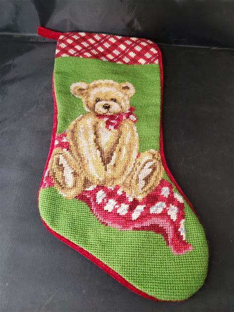 Needlepoint Christmas Stocking Teddy Bear With Red Bow Wool And Green