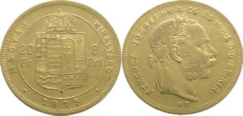 Hungary 20 Francs 8 Forint 1875 Franz Joseph I Gold VF Extremely