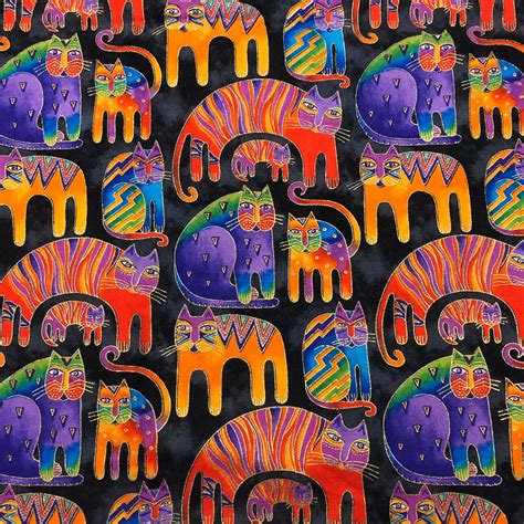 Laurel Burch Fantastic Felines Vivid Colorful Cats On Black With Gold