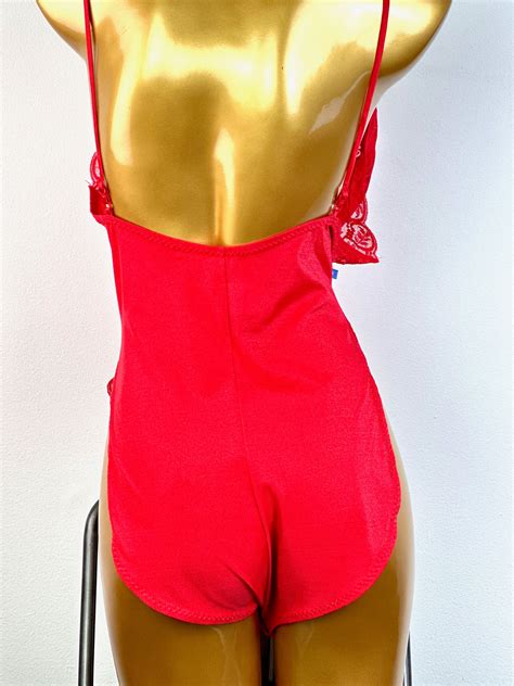 Vintage 80s Lingerie Teddy Deep V Plunging Sheer Lace Large Etsy