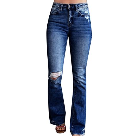 Womens Flare Jeans High Waist Trendy Ripped Holes Slim Fit Bell Bottom Denim Pants Stretch